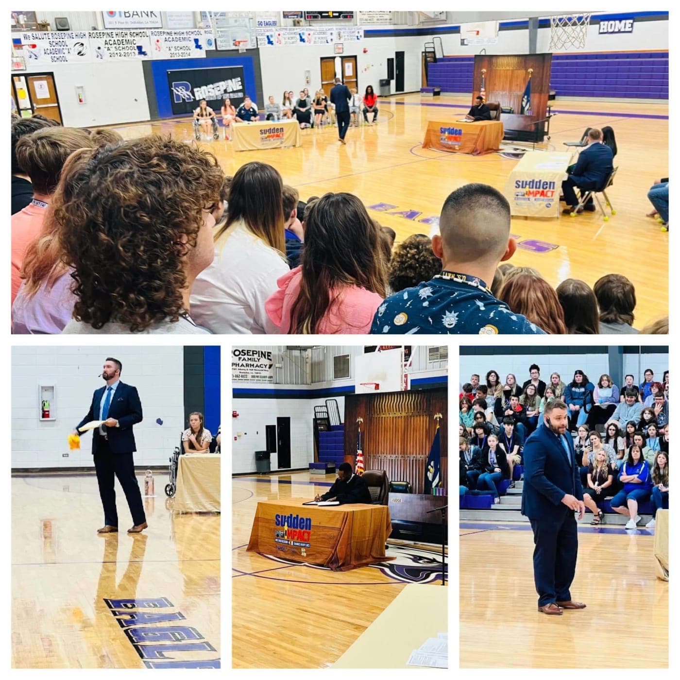 Collage of Stephen Spurgeon presenting a Sudden Impact mock trial to students in the Rosepine gym